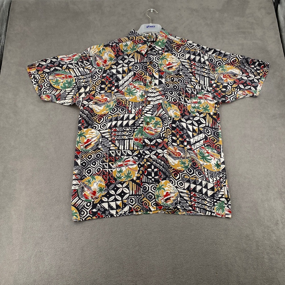Hawaiian Silk Company Mens Large Silk Aloha Shirt Tropical Geometric Print Black
